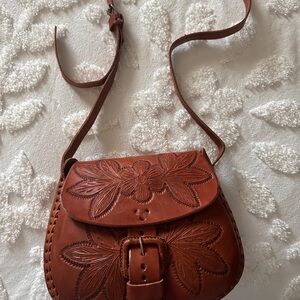 Brown Leather Floral Embossed Crossbody Bag